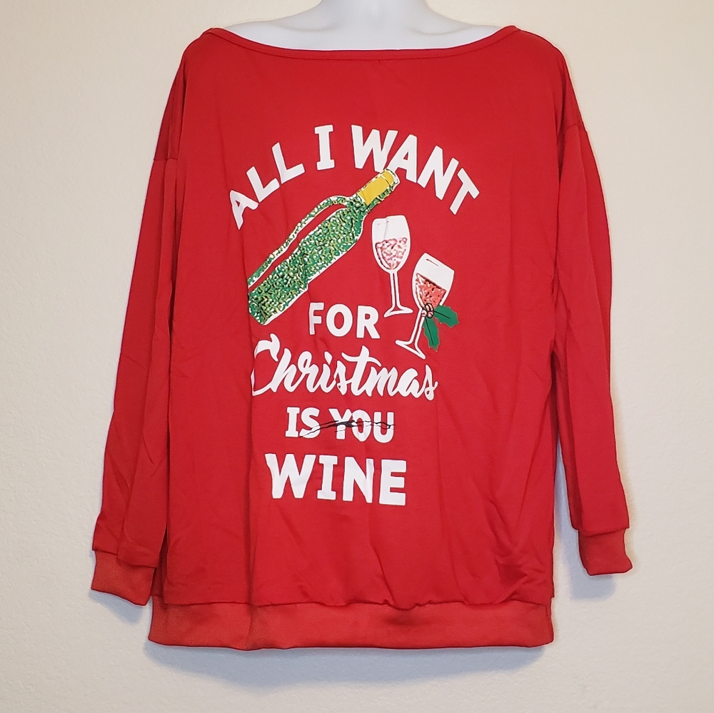 Glorystar Women's Red All I Want For Christmas Is You Wine Long Sleeve Shirt XL